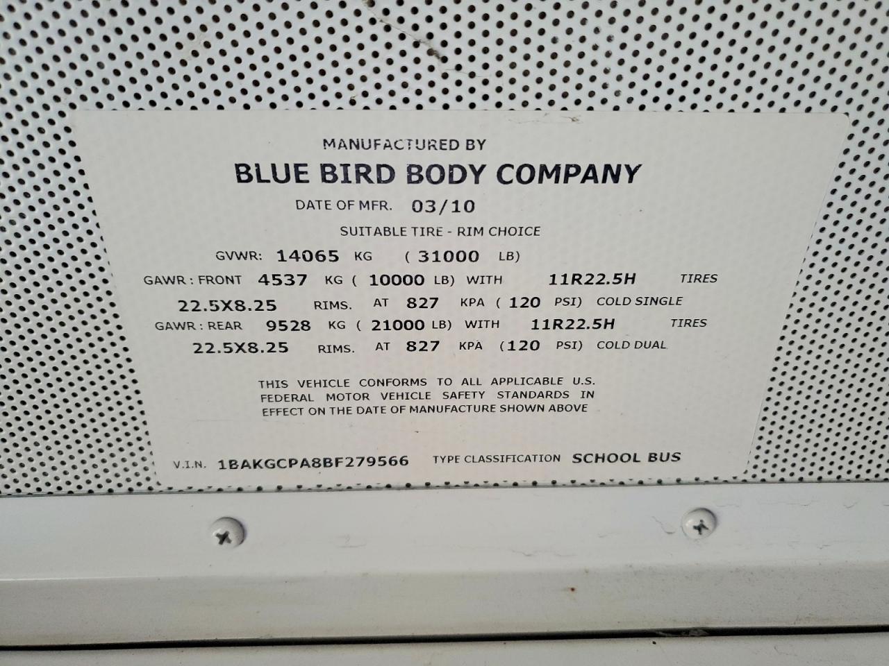 2011 BLUEBIRD All models VIN 1BAKGCPA8BF279566 photo 10