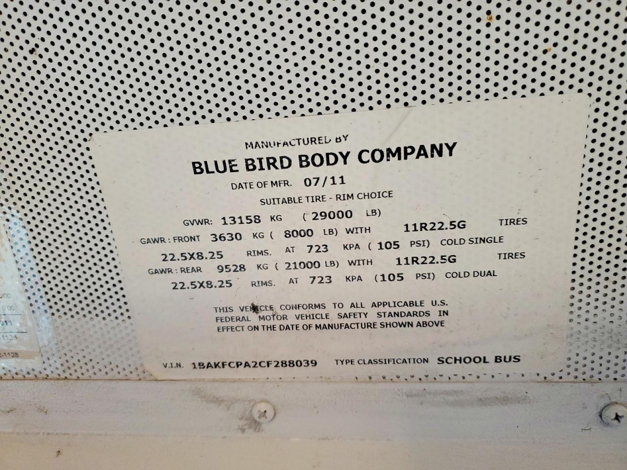 2012 BLUEBIRD All models VIN 1BAKFCPA2CF288039 photo 10