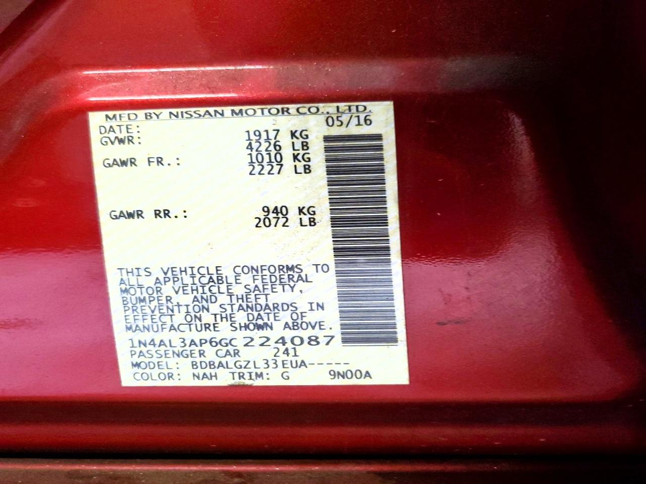2016 Niss Altima VIN 1N4AL3AP6GC224087 photo 12