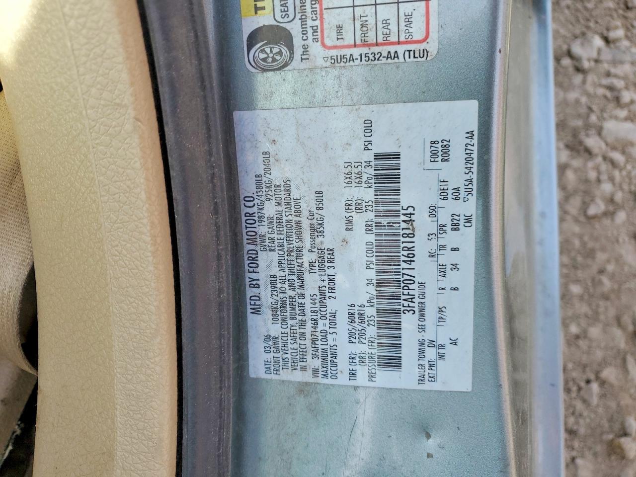 2006 Ford Fusion VIN 3FAFP07146R181445 photo 12