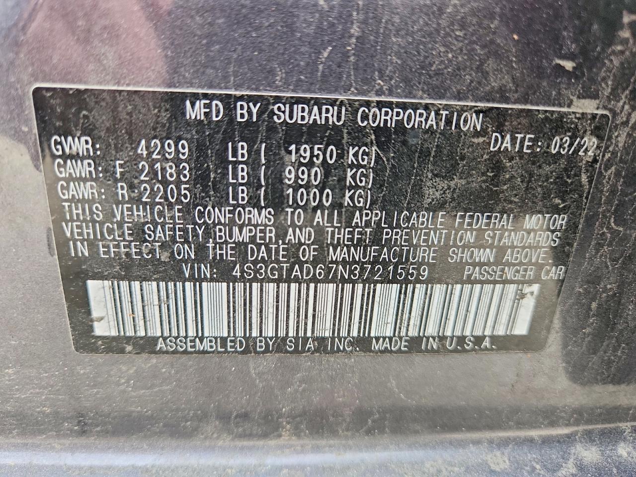 2022 Subaru Impreza VIN 4S3GTAD67N3721559 photo 12
