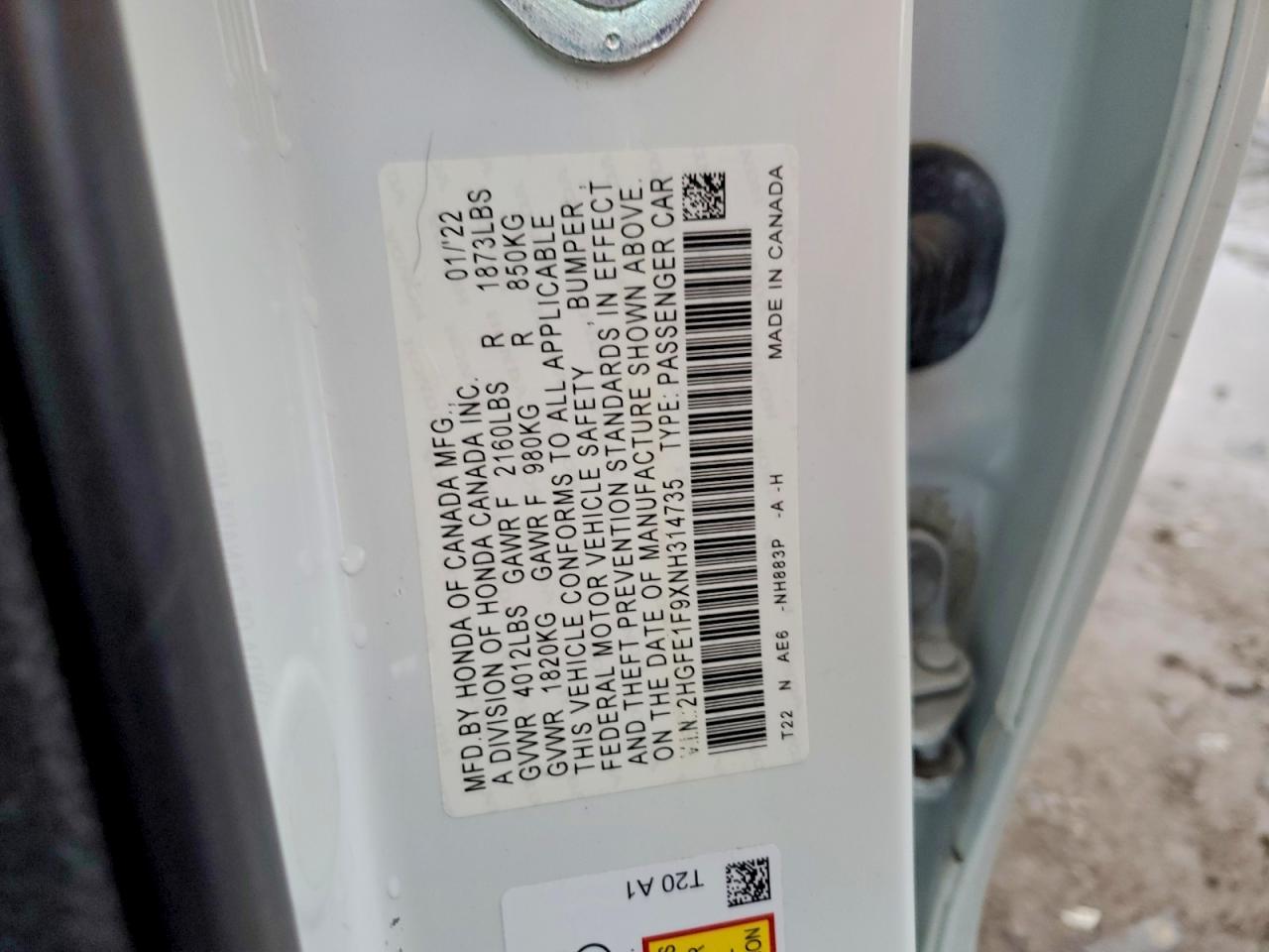 2022 HOND Civic VIN 2HGFE1F9XNH314735 photo 12