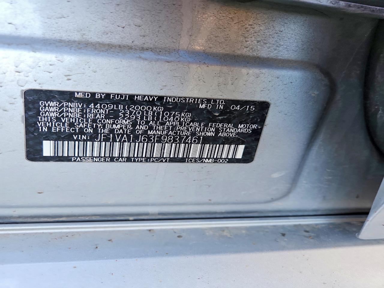 2015 Subaru Wrx VIN JF1VA1J63F9837461 photo 12