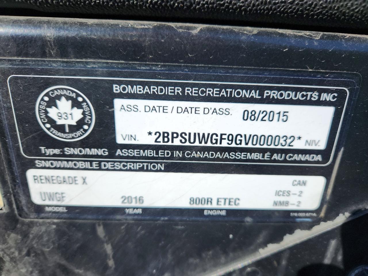 2016 SKI Renegade VIN 2BPSUWGF9GV000032 photo 10