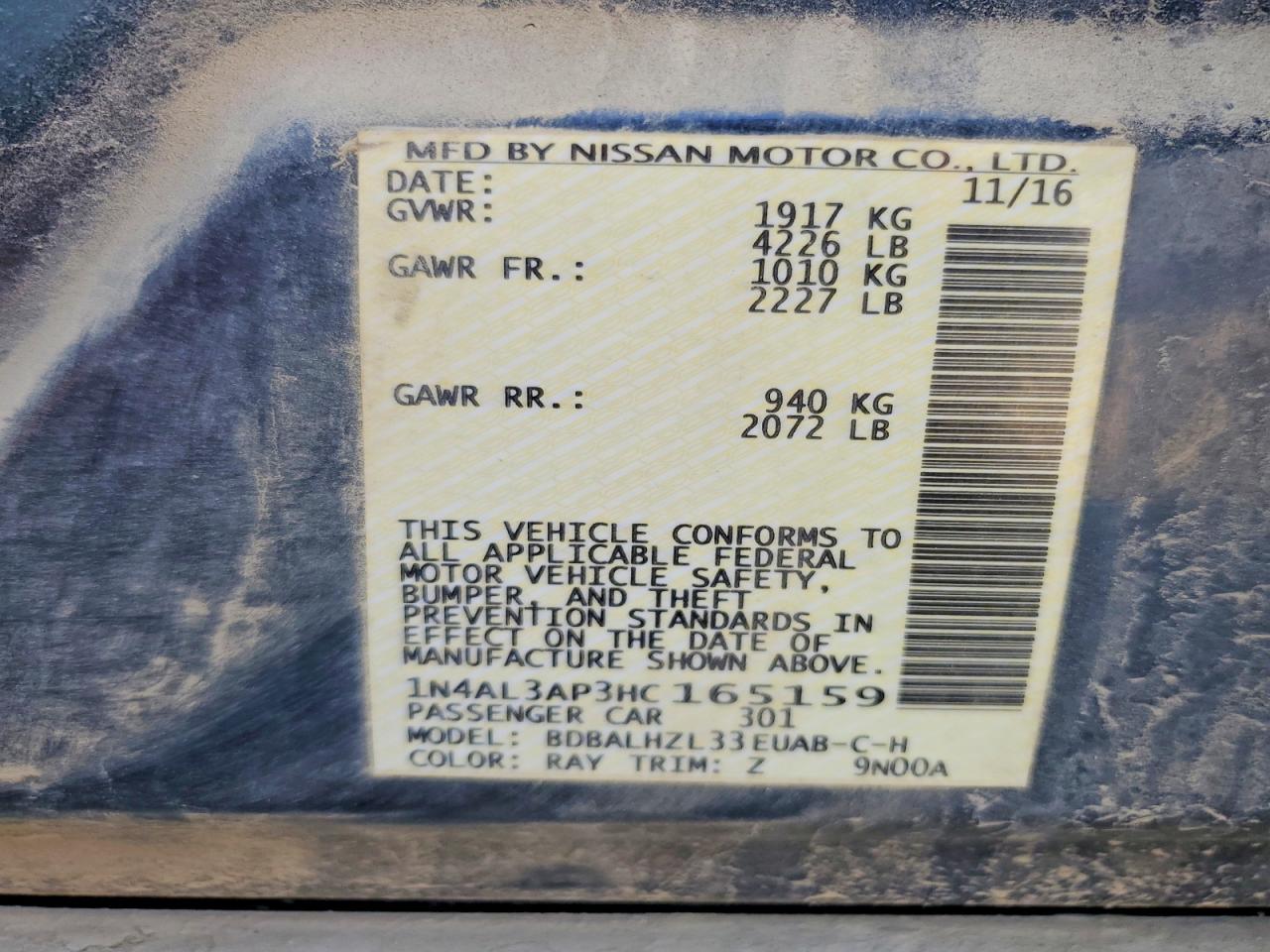 2017 Niss Altima VIN 1N4AL3AP3HC165159 photo 12