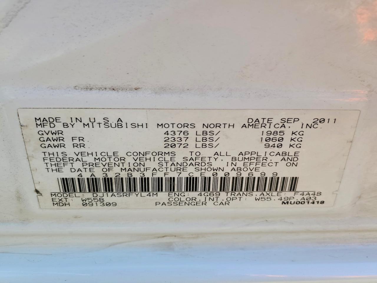2012 Mitsubishi Galant VIN 4A32B3FF7CE009699 photo 12