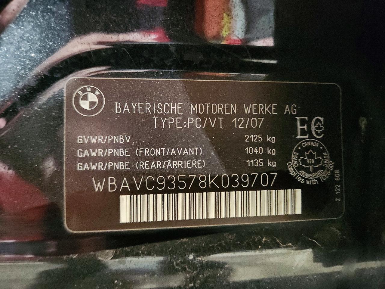 2008 BMW 3 series VIN WBAVC93578K039707 photo 12