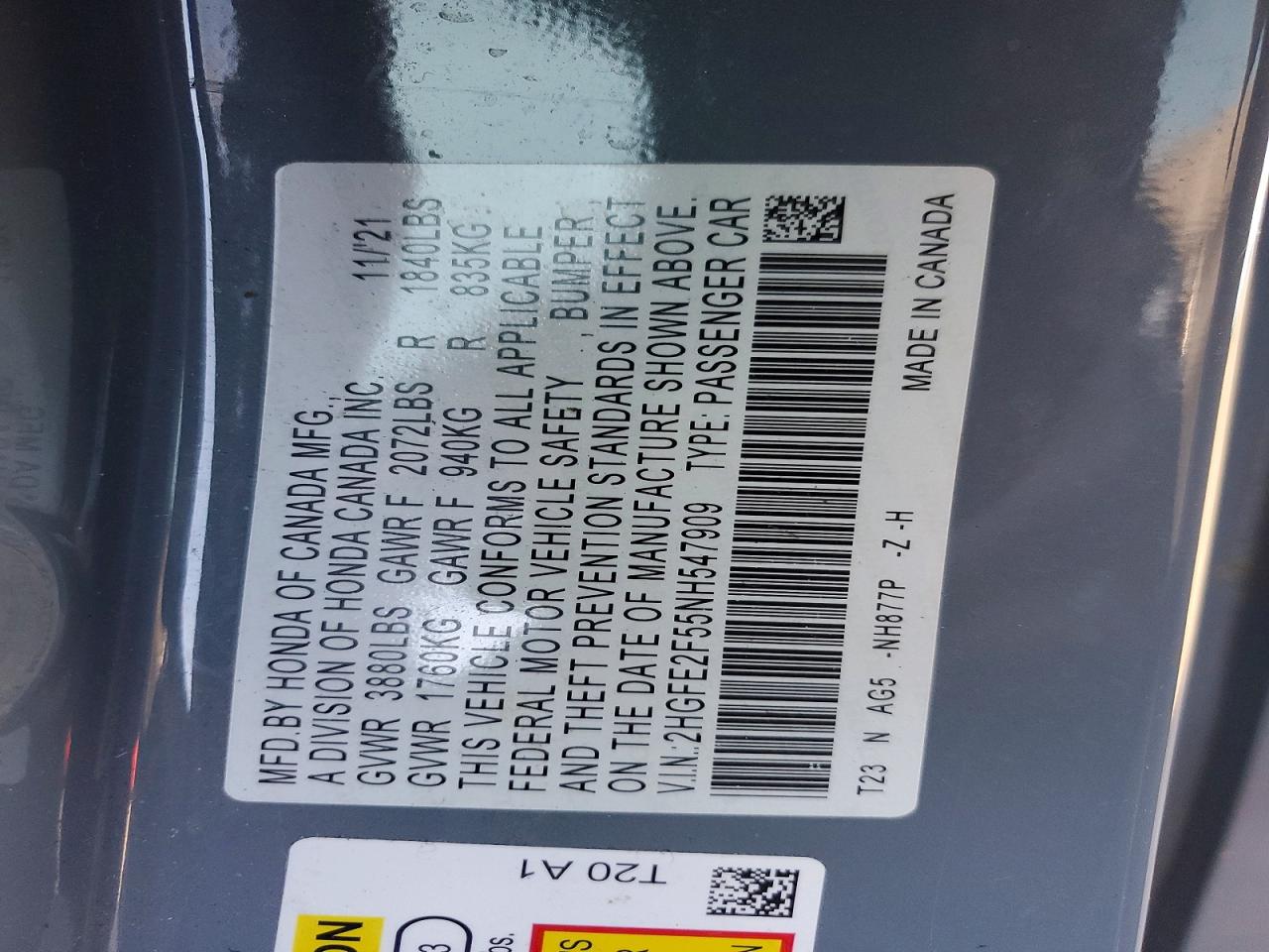 2022 Civic VIN 2HGFE2F55NH547909 photo 12