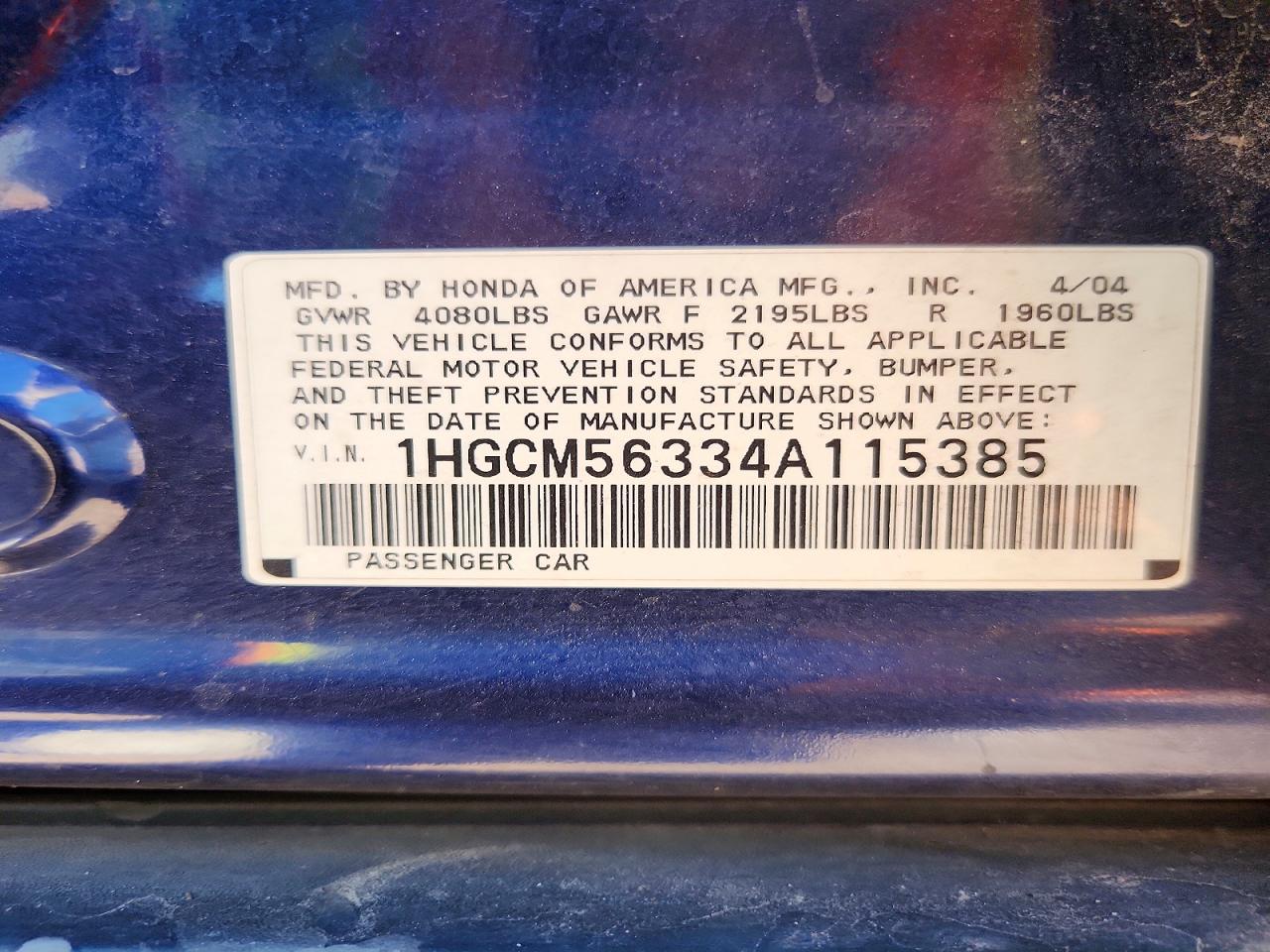 2004 HOND Accord VIN 1HGCM56334A115385 photo 12