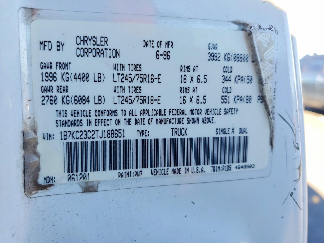 1996 Dodge Ram 2500 VIN 1B7KC23C2TJ188651 photo 12