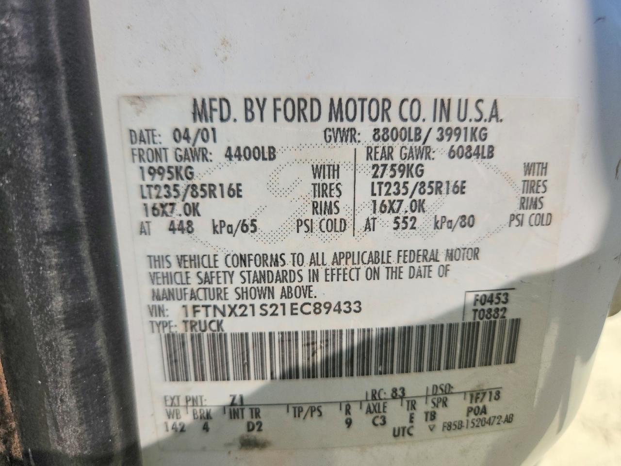 2001 Ford F250 super VIN 1FTNX21S21EC89433 photo 12