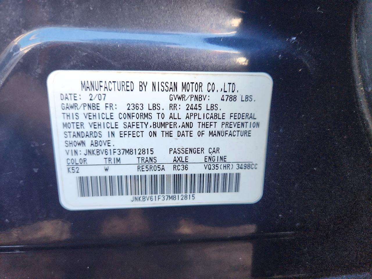2007 Infiniti G35 VIN JNKBV61F37M812815 photo 12