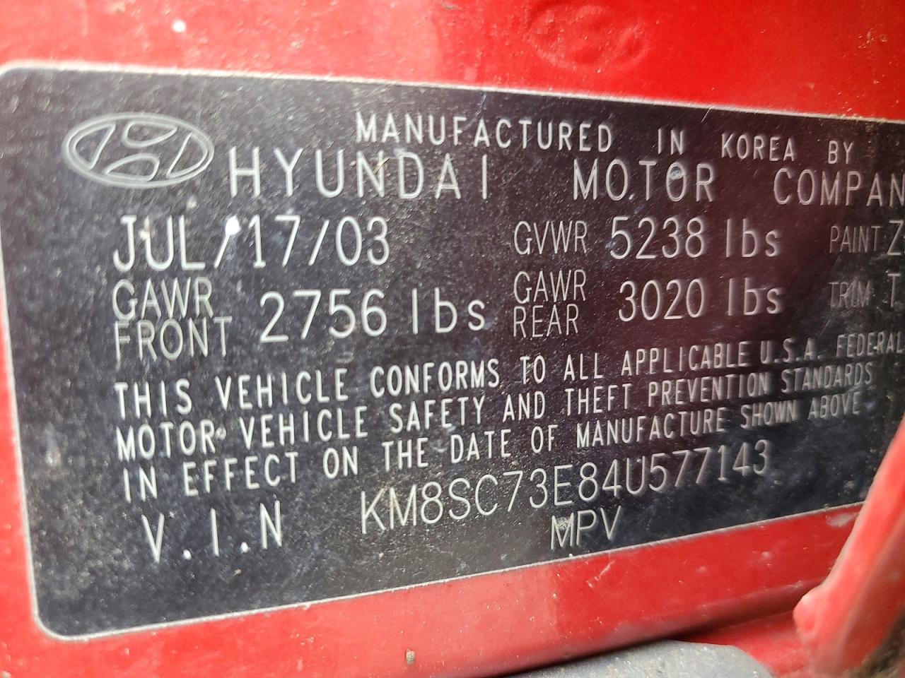 2004 HYUNDAI Santa fe VIN KM8SC73E84U577143 photo 12