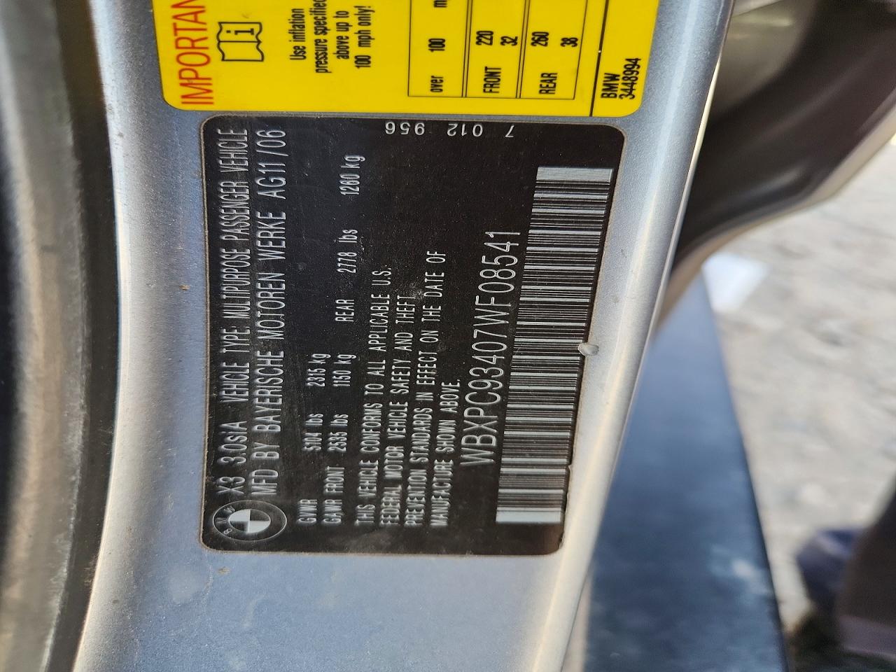 2007 BMW X3 VIN WBXPC93407WF08541 photo 12