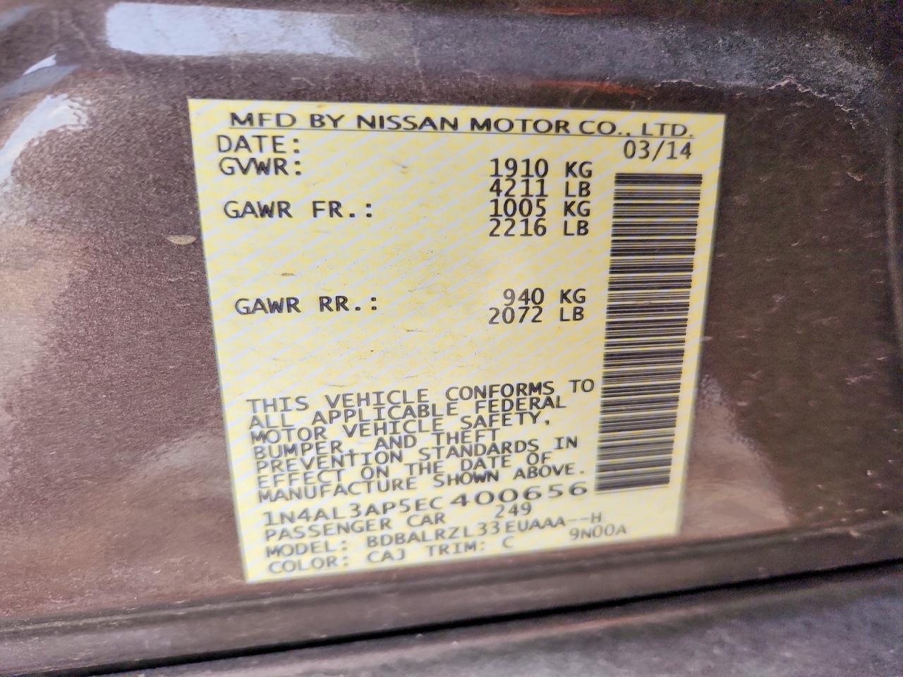 2014 Niss Altima VIN 1N4AL3AP5EC400656 photo 12