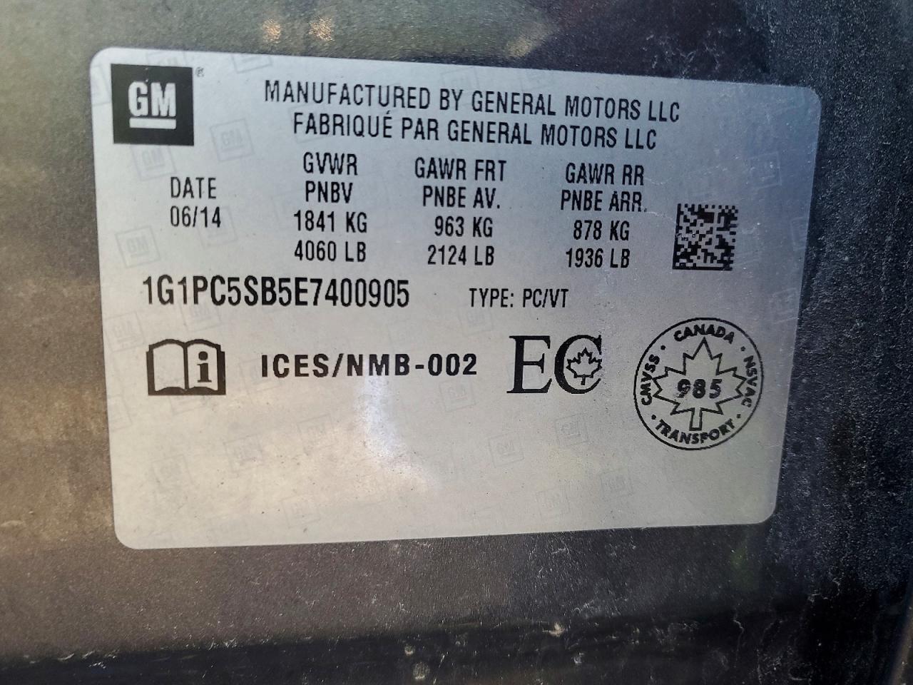 2014 CHEV Cruze VIN 1G1PC5SB5E7400905 photo 12