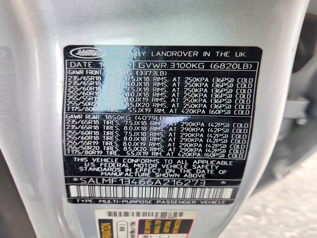 2006 Land Rangerover VIN SALMF13466A216273 photo 12