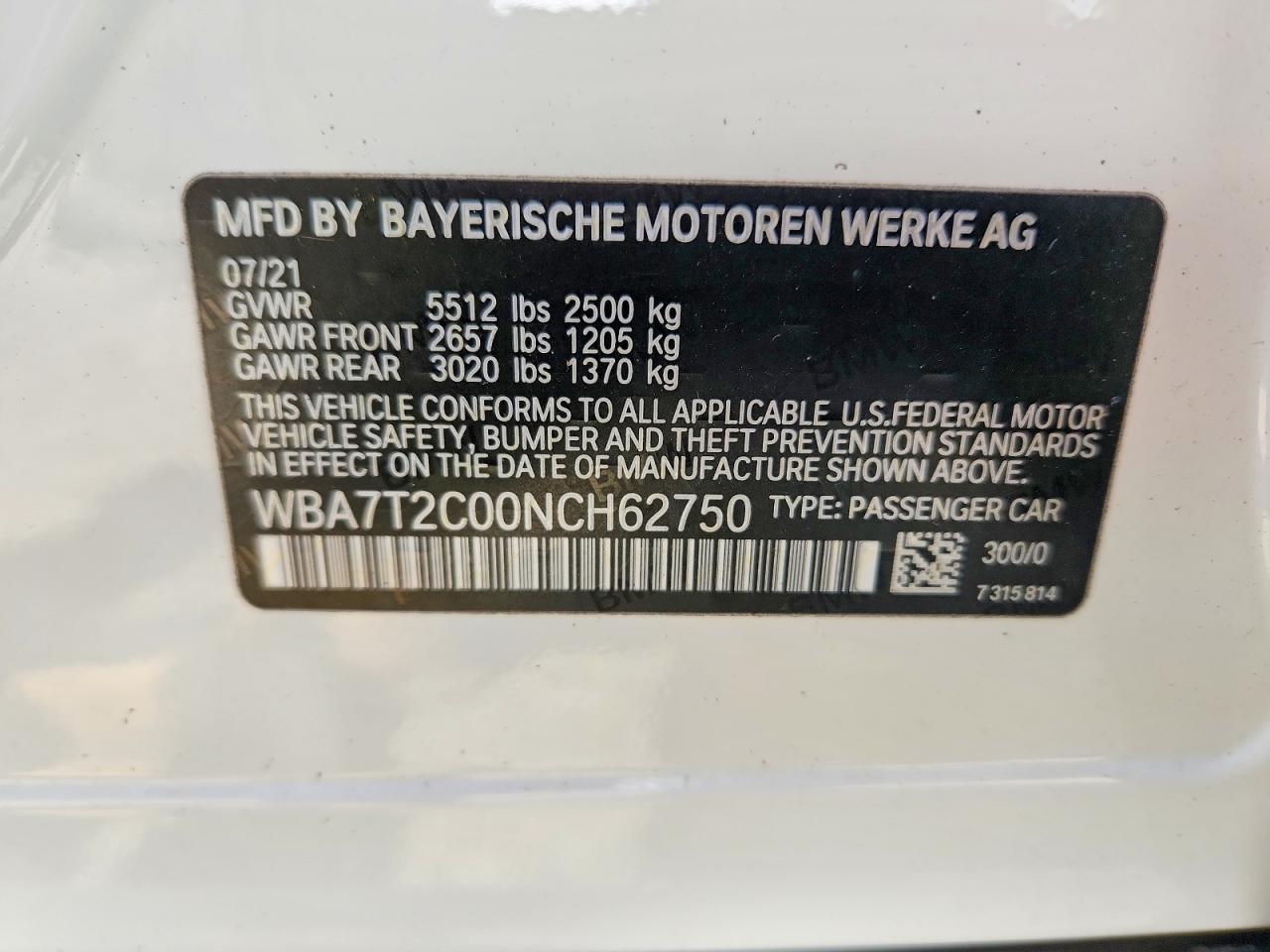 2022 BMW 7 series VIN WBA7T2C00NCH62750 photo 12