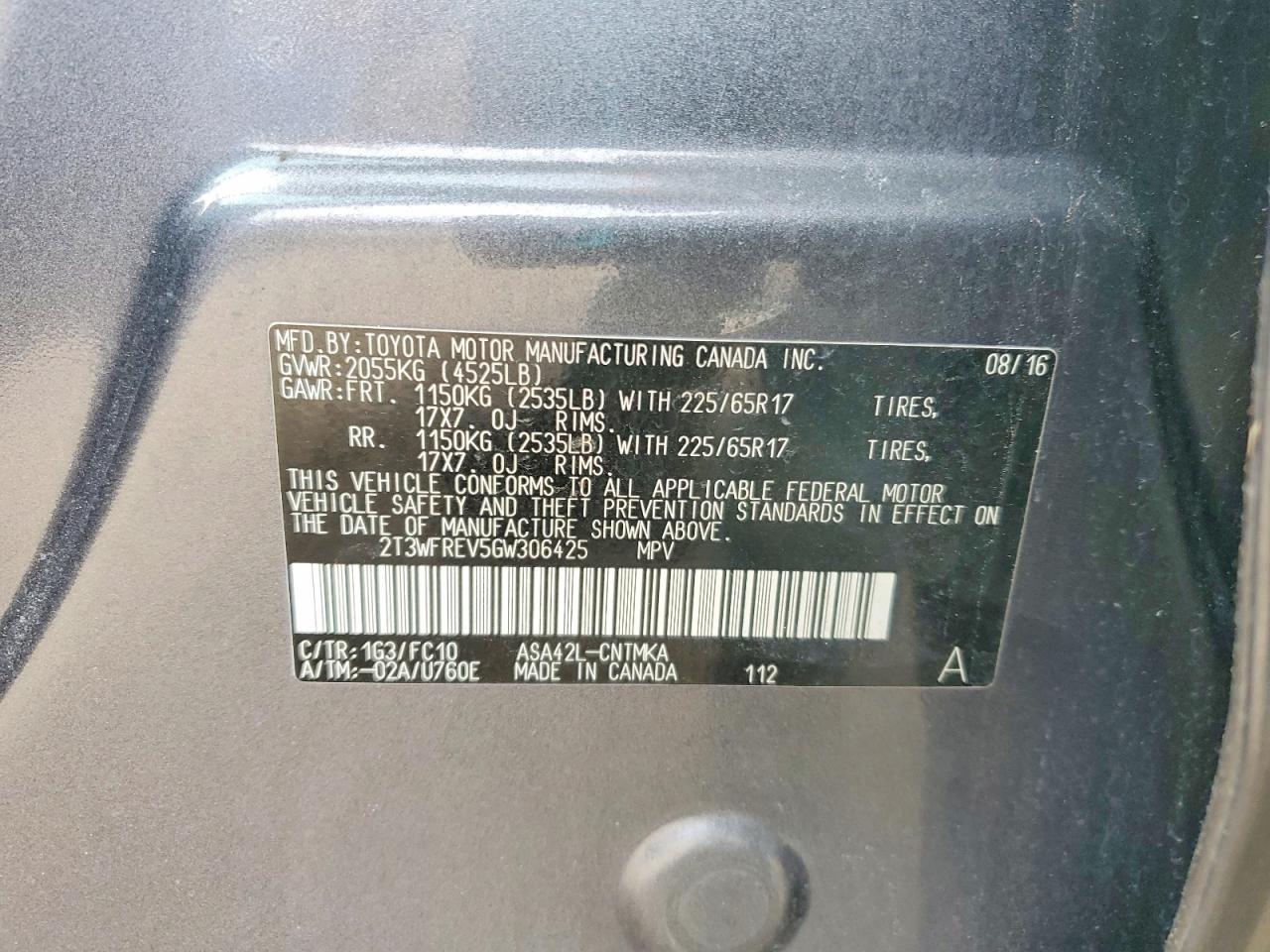 2016 Rav4 VIN 2T3WFREV5GW306425 photo 12