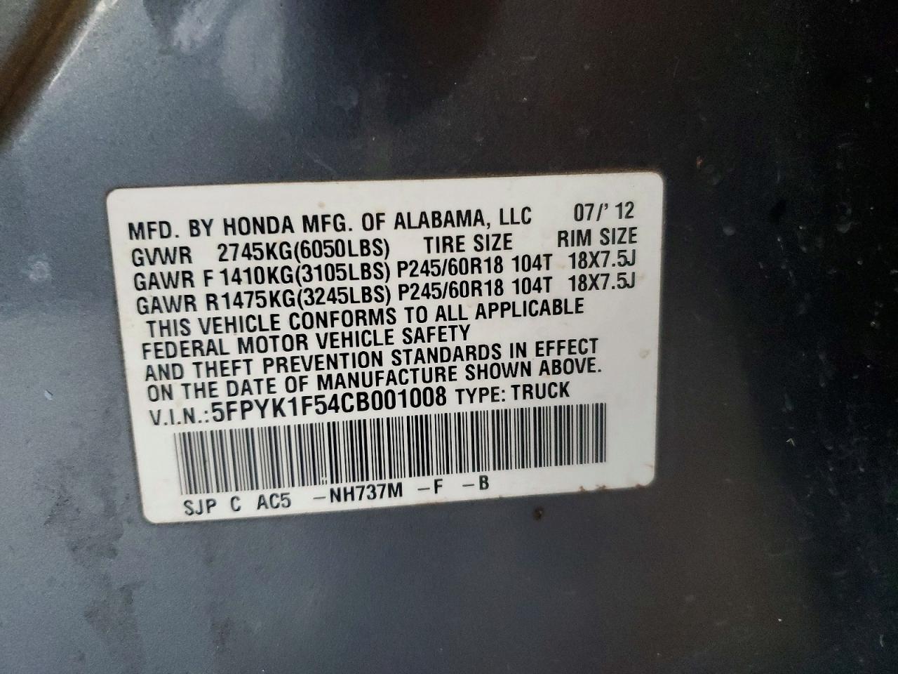 2012 Honda Ridgeline VIN 5FPYK1F54CB001008 photo 12