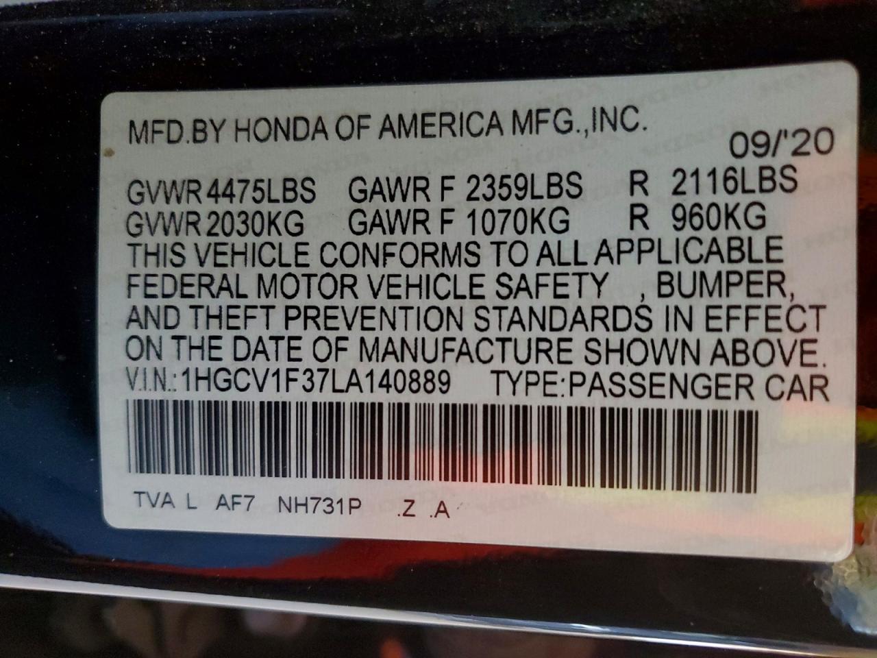 2020 Honda Accord VIN 1HGCV1F37LA140889 photo 12
