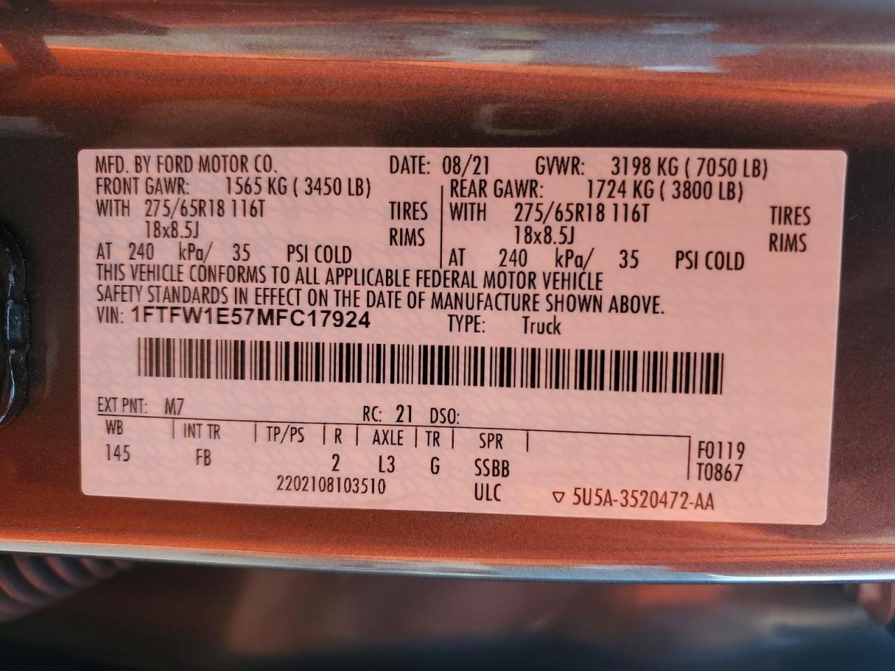 2021 Ford F150 VIN 1FTFW1E57MFC17924 photo 12