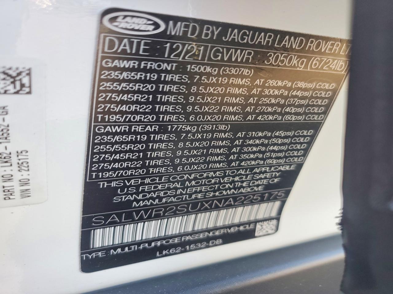 2022 Land Rangerover VIN SALWR2SUXNA225175 photo 12