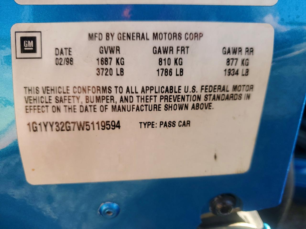 1998 Chev Corvette VIN 1G1YY32G7W5119594 photo 12