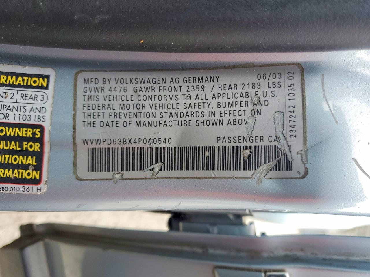 2004 Volkswagen Passat VIN WVWPD63BX4P040540 photo 12