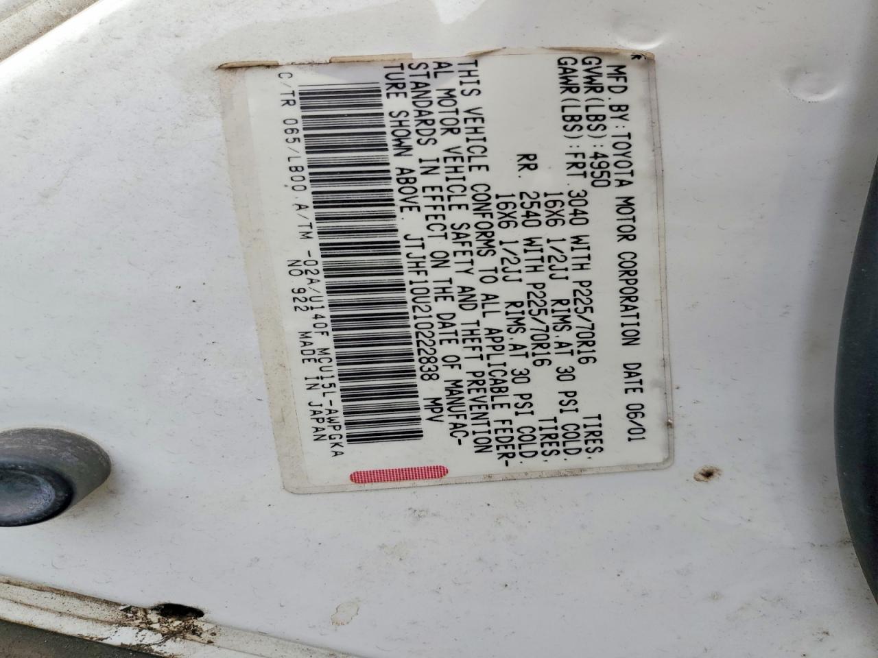 2001 Lexus Rx350 VIN JTJHF10U210222838 photo 12