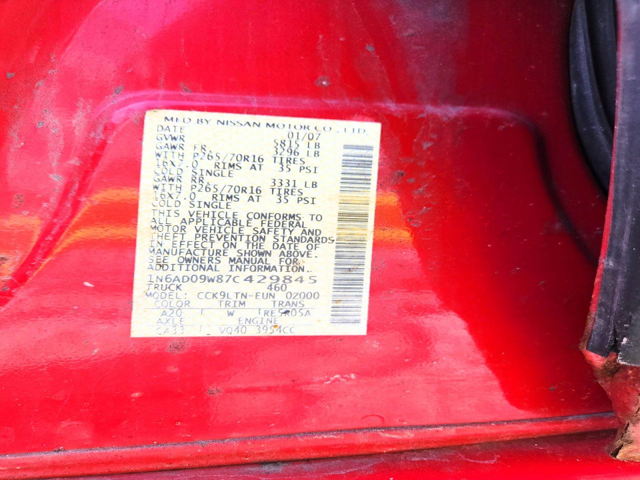 2007 NISS Frontier VIN 1N6AD09W87C429845 photo 12