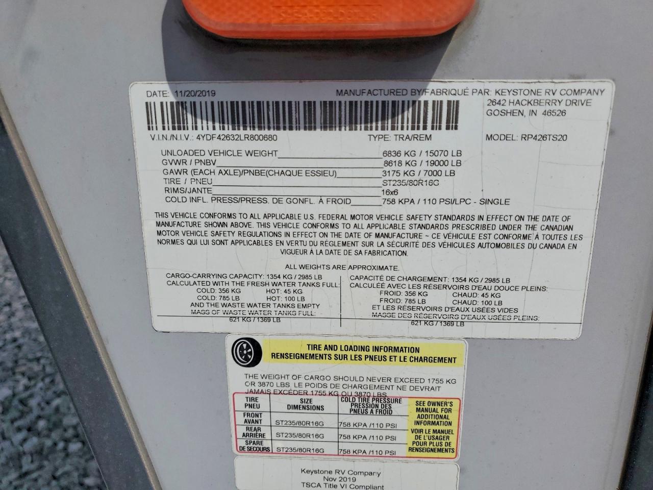 2020 KEYSTONE Raptor rp3 VIN 4YDF42632LR800680 photo 10