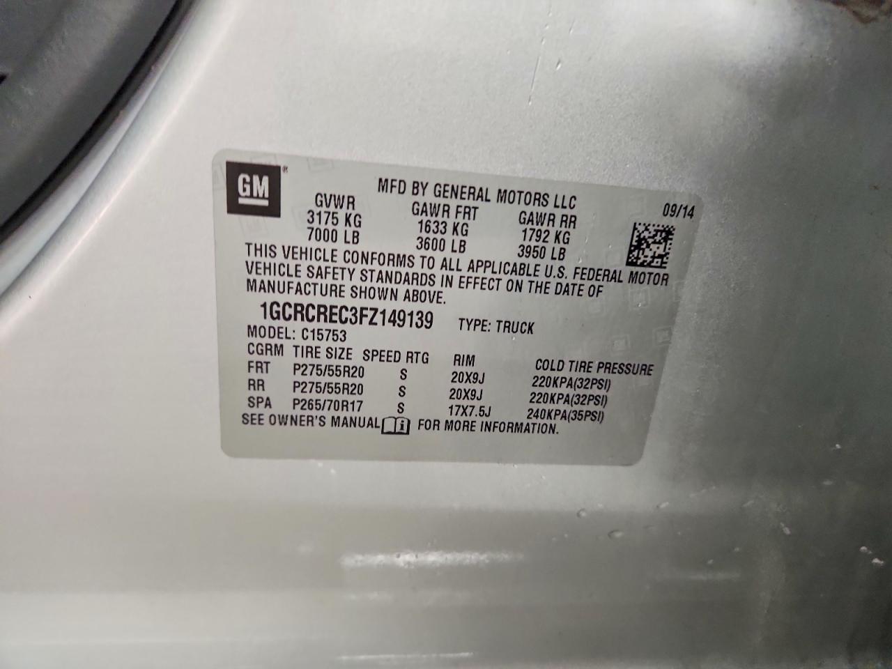 2015 CHEVROLET All models VIN 1GCRCREC3FZ149139 photo 12