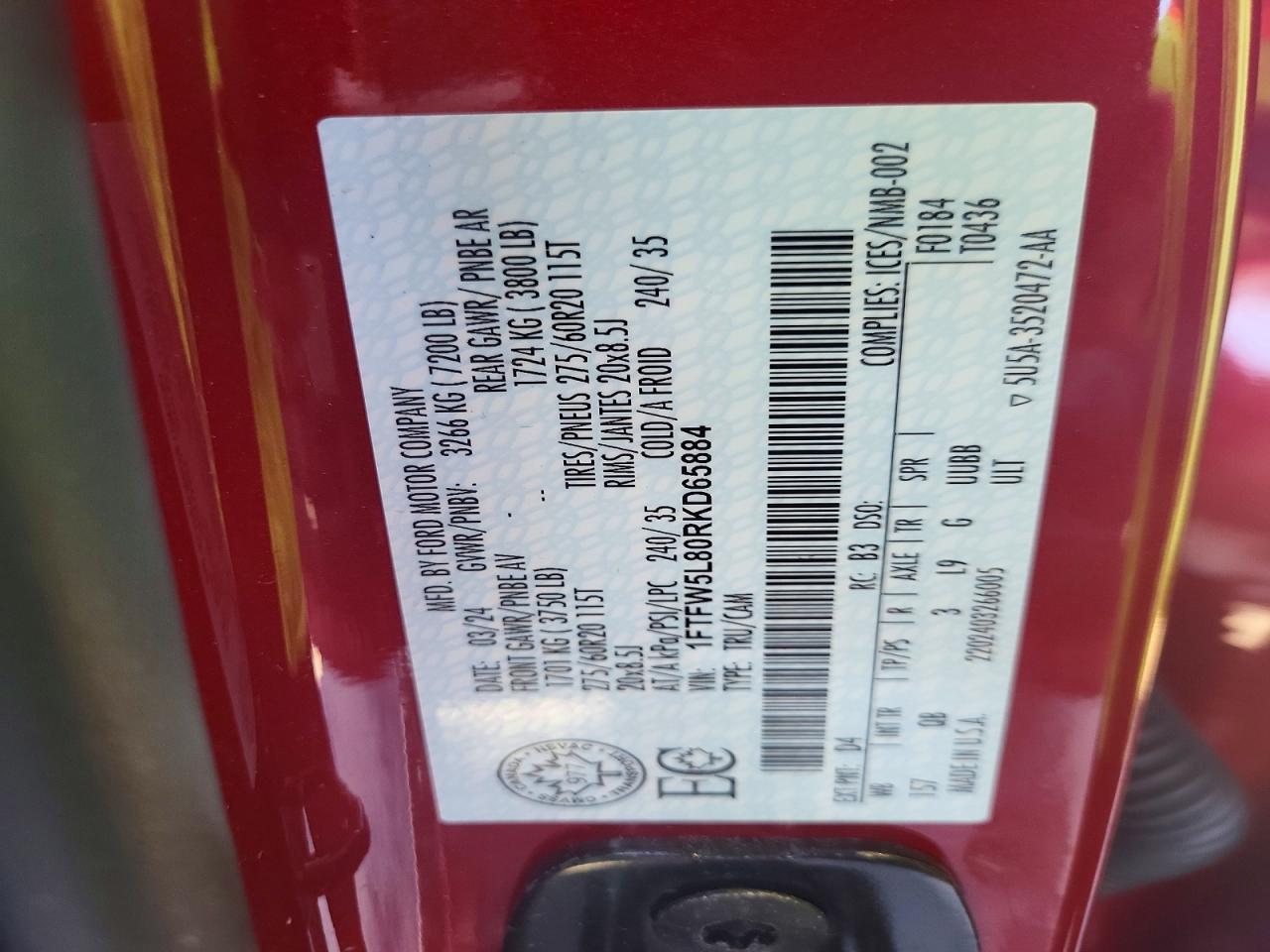 2024 FORD F150 VIN 1FTFW5L80RKD65884 photo 12