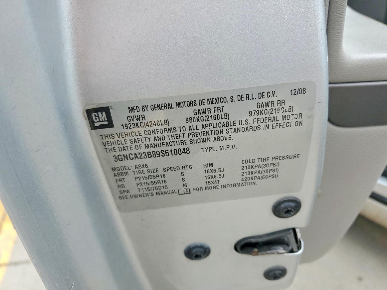 2009 CHEV Hhr VIN 3GNCA23B89S610048 photo 12