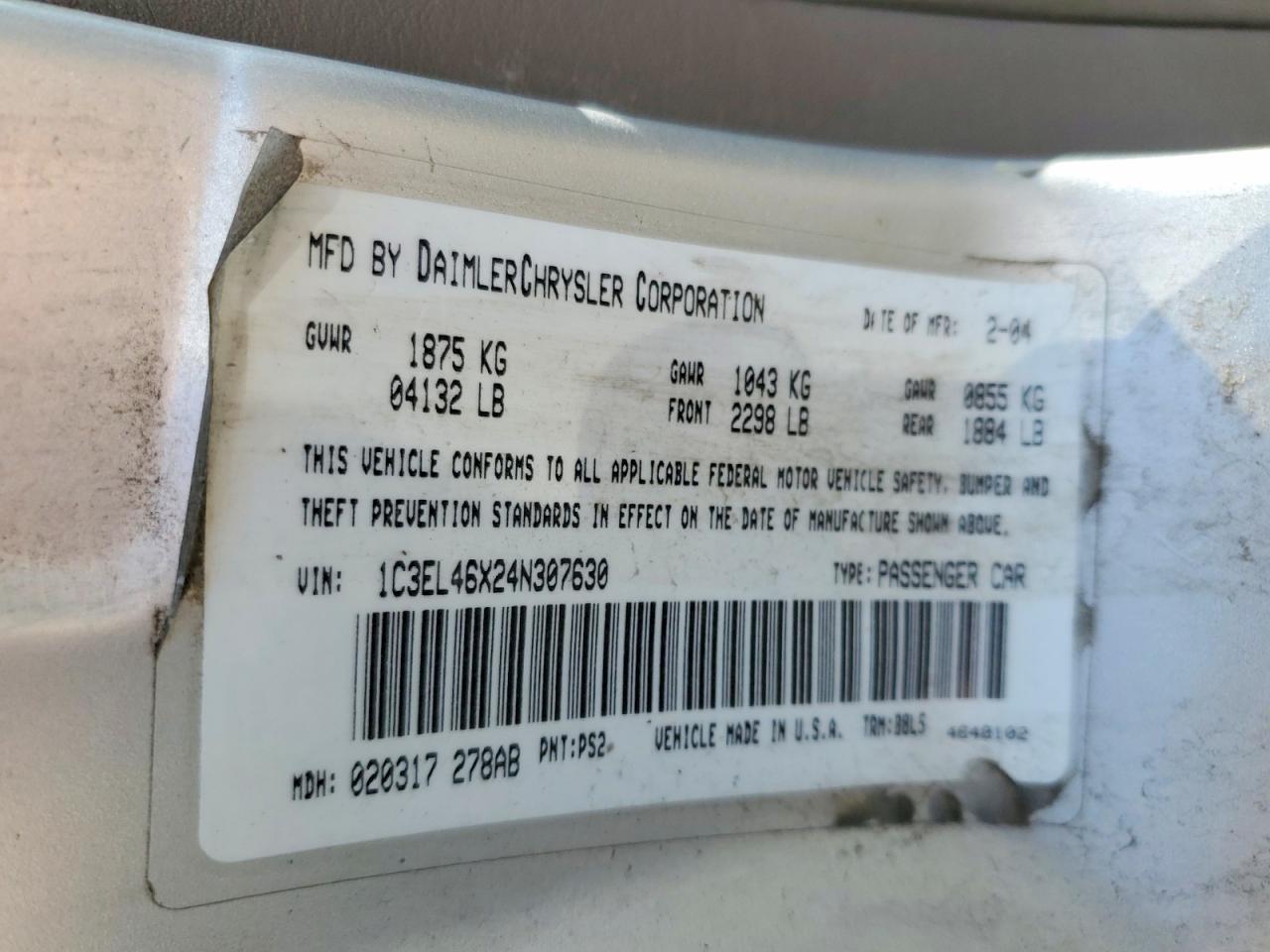 2004 Chrysler Sebring VIN 1C3EL46X24N307630 photo 12