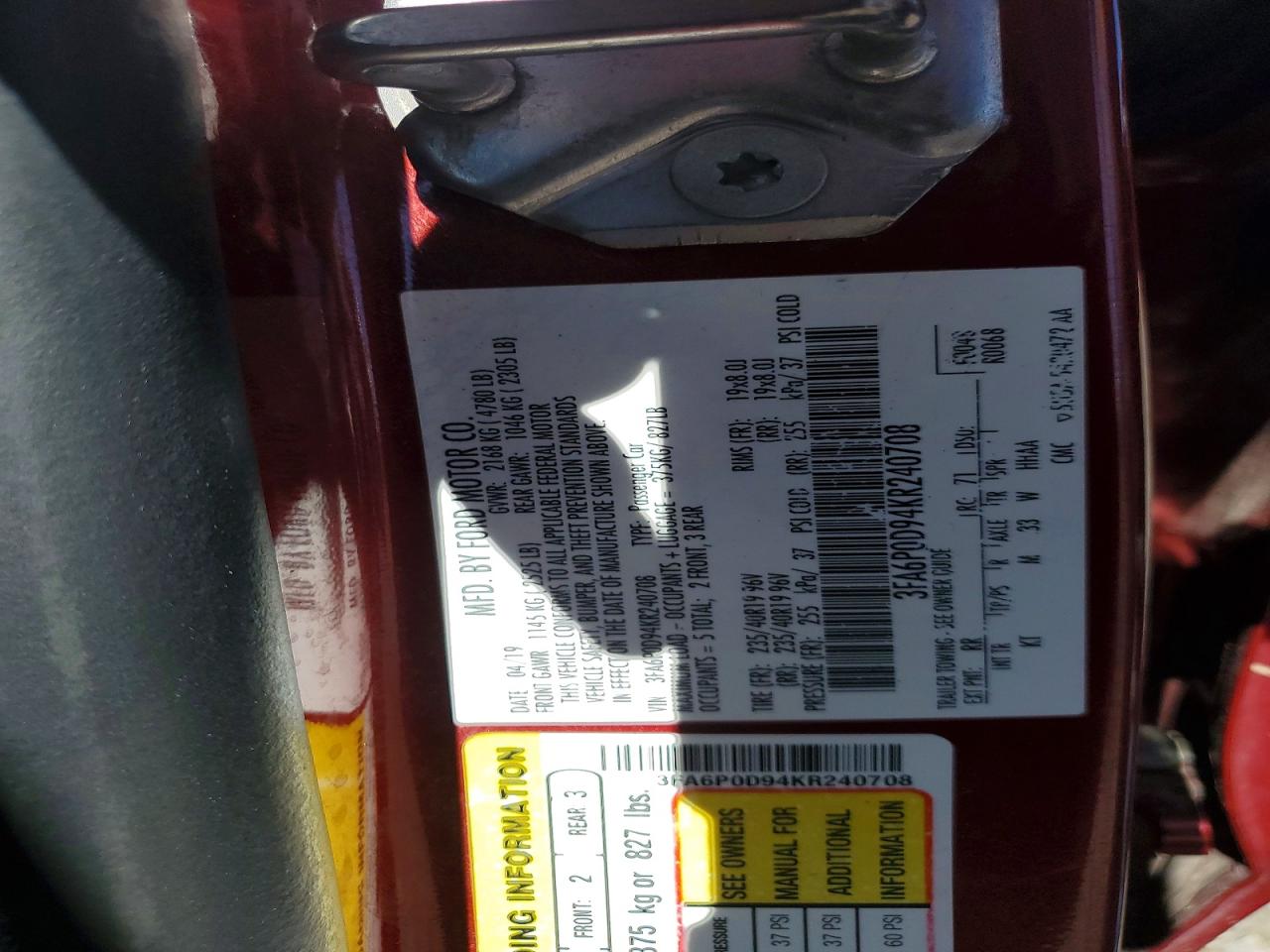 2019 Ford Fusion VIN 3FA6P0D94KR240708 photo 12
