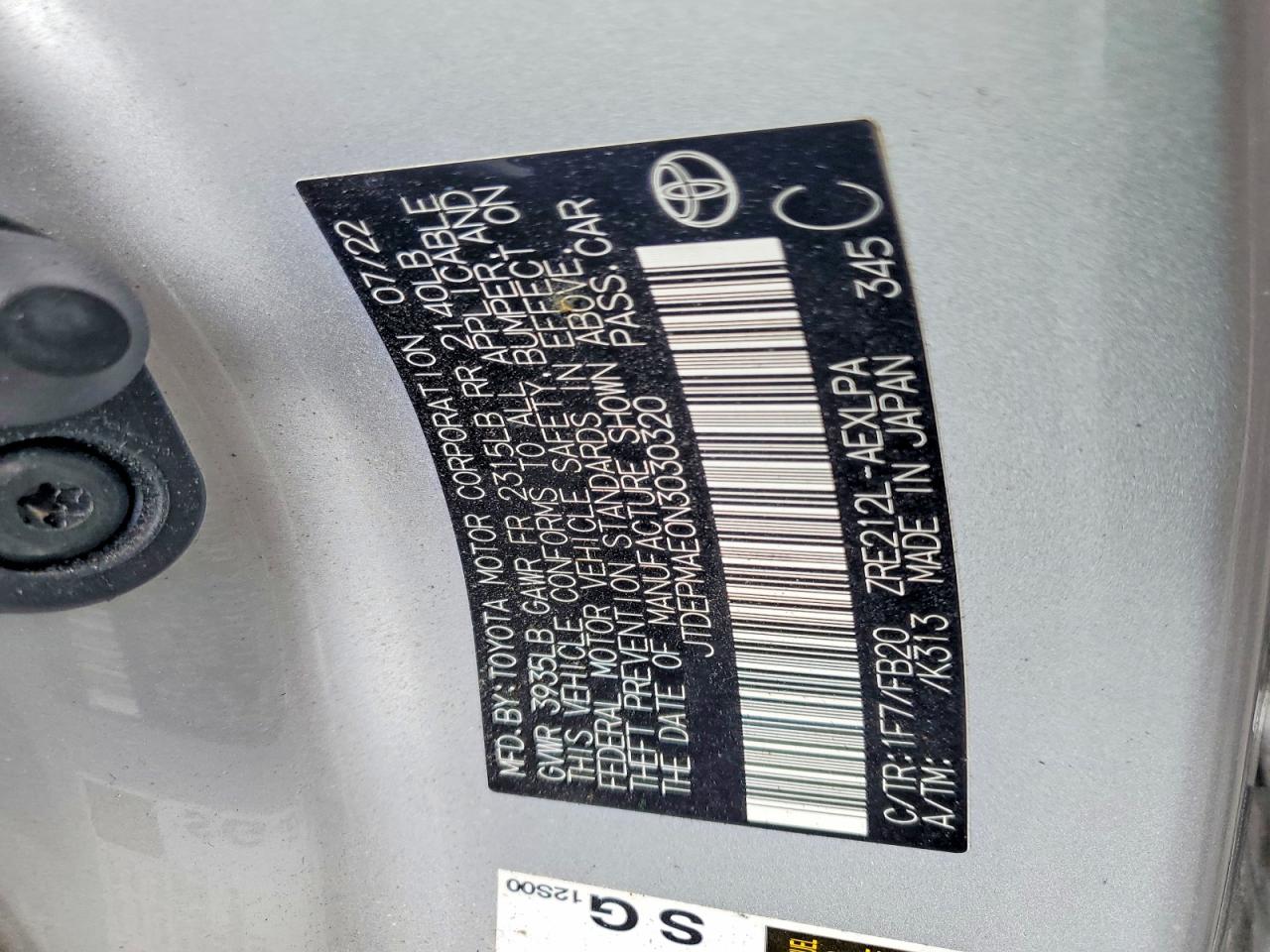 2022 Corolla VIN JTDEPMAE0N3030320 photo 12