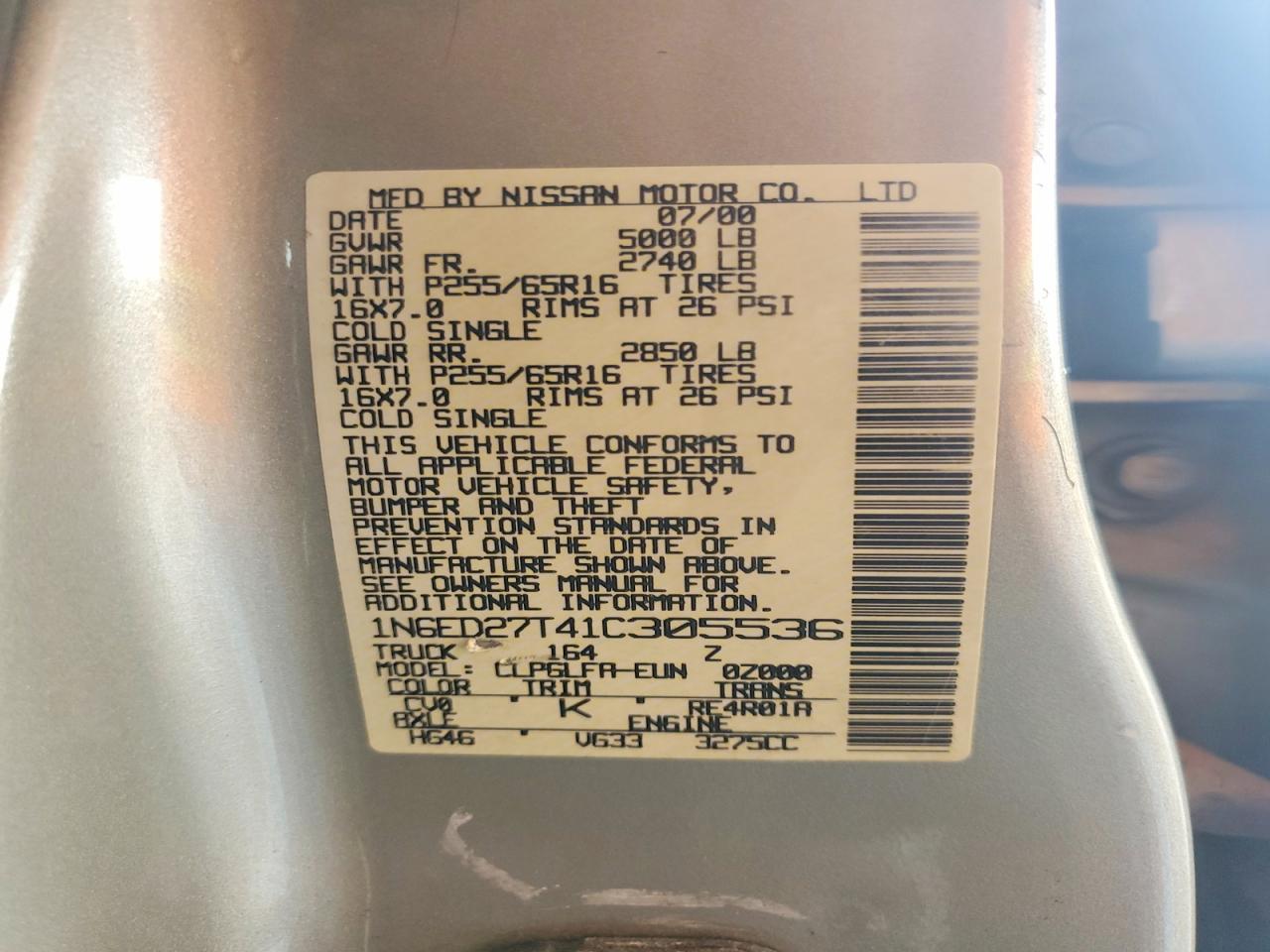2001 Nissan Frontier VIN 1N6ED27T41C305536 photo 12