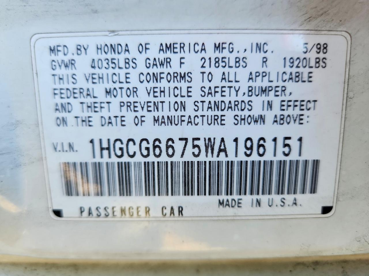 1998 HOND Accord VIN 1HGCG6675WA196151 photo 12