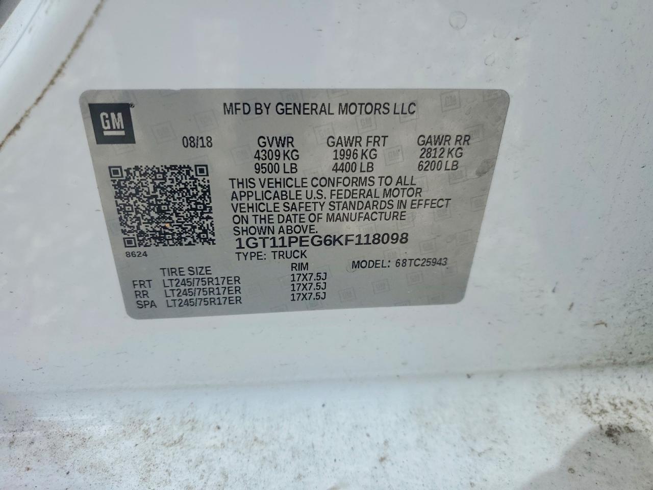 2019 GMC SIERRA VIN 1GT11PEG6KF118098 photo 12