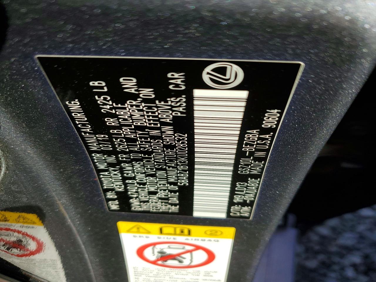 2019 Lexus ES350 VIN 58ABZ1B13KU028532 photo 12
