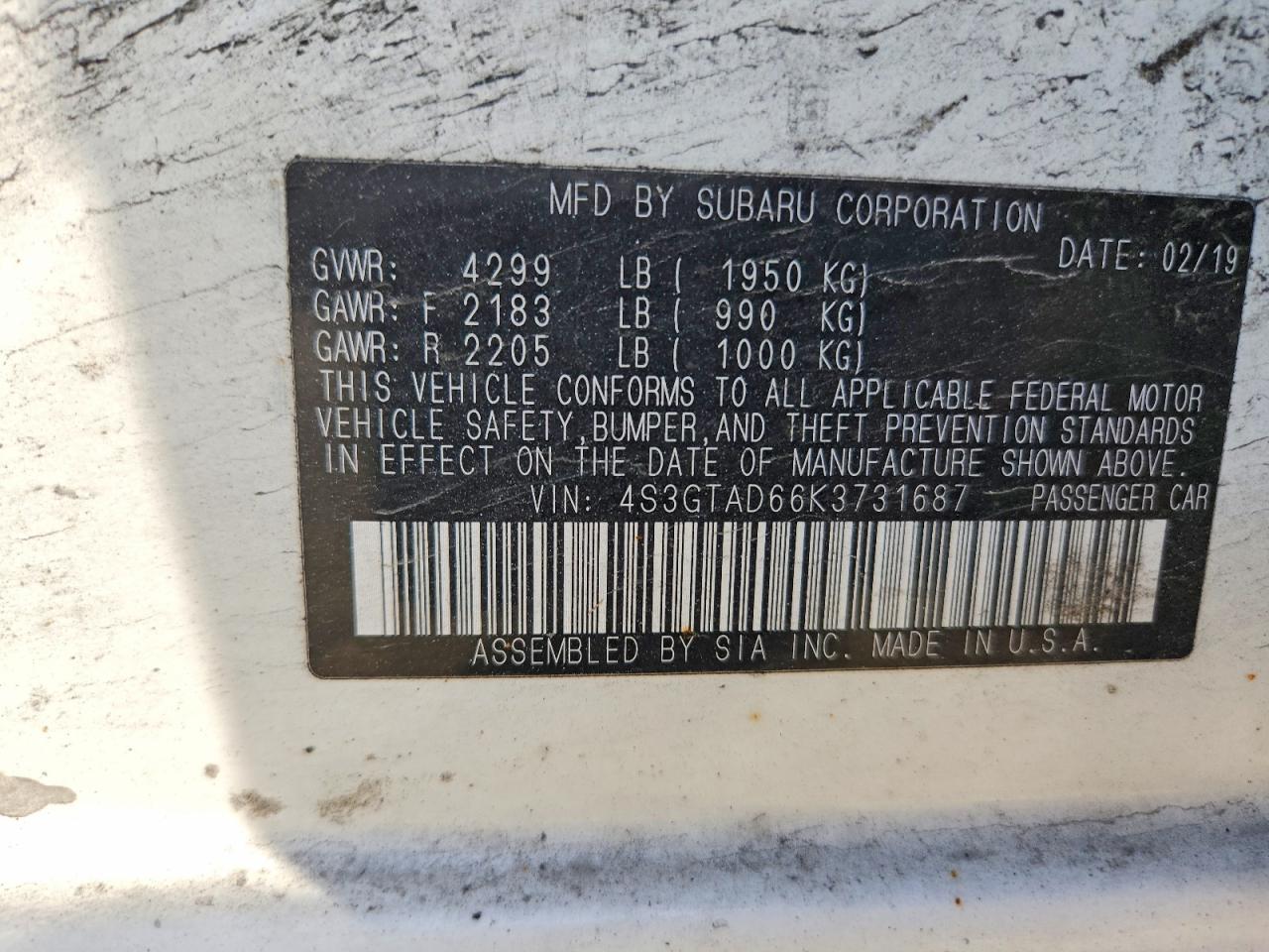 2019 Subaru Impreza VIN 4S3GTAD66K3731687 photo 12