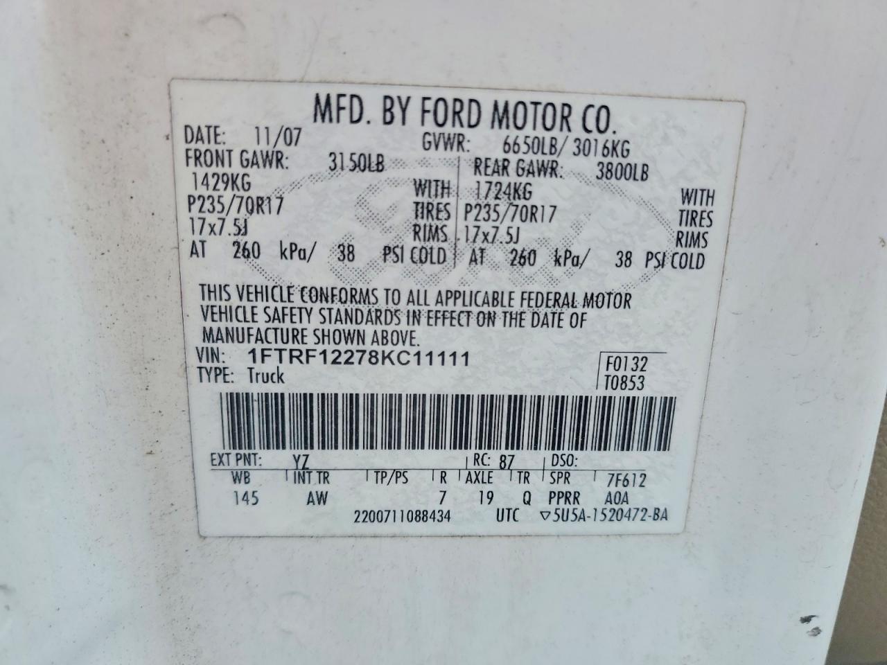 2008 Ford F150 VIN 1FTRF12278KC11111 photo 12