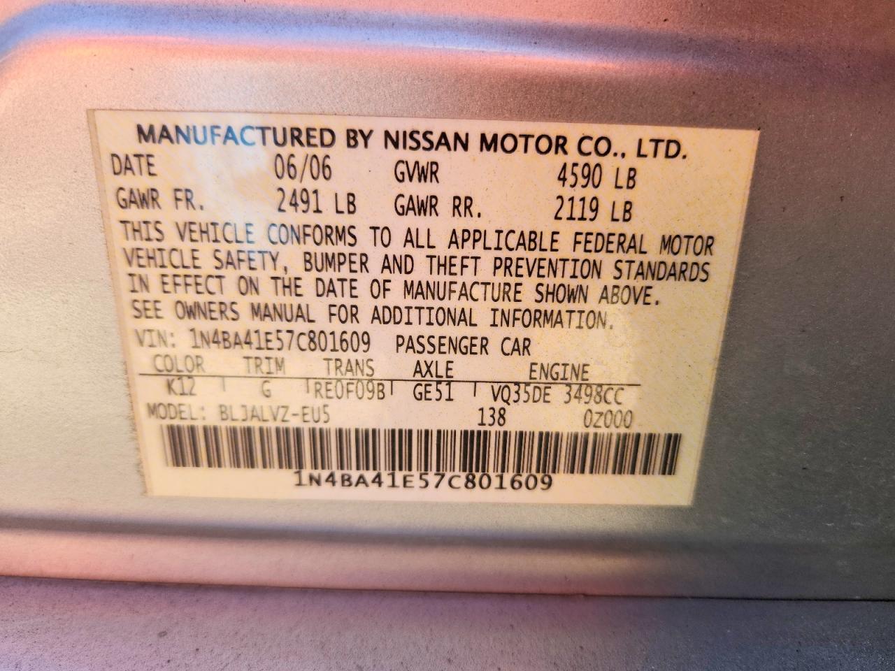 2007 Nissan Maxima VIN 1N4BA41E57C801609 photo 12