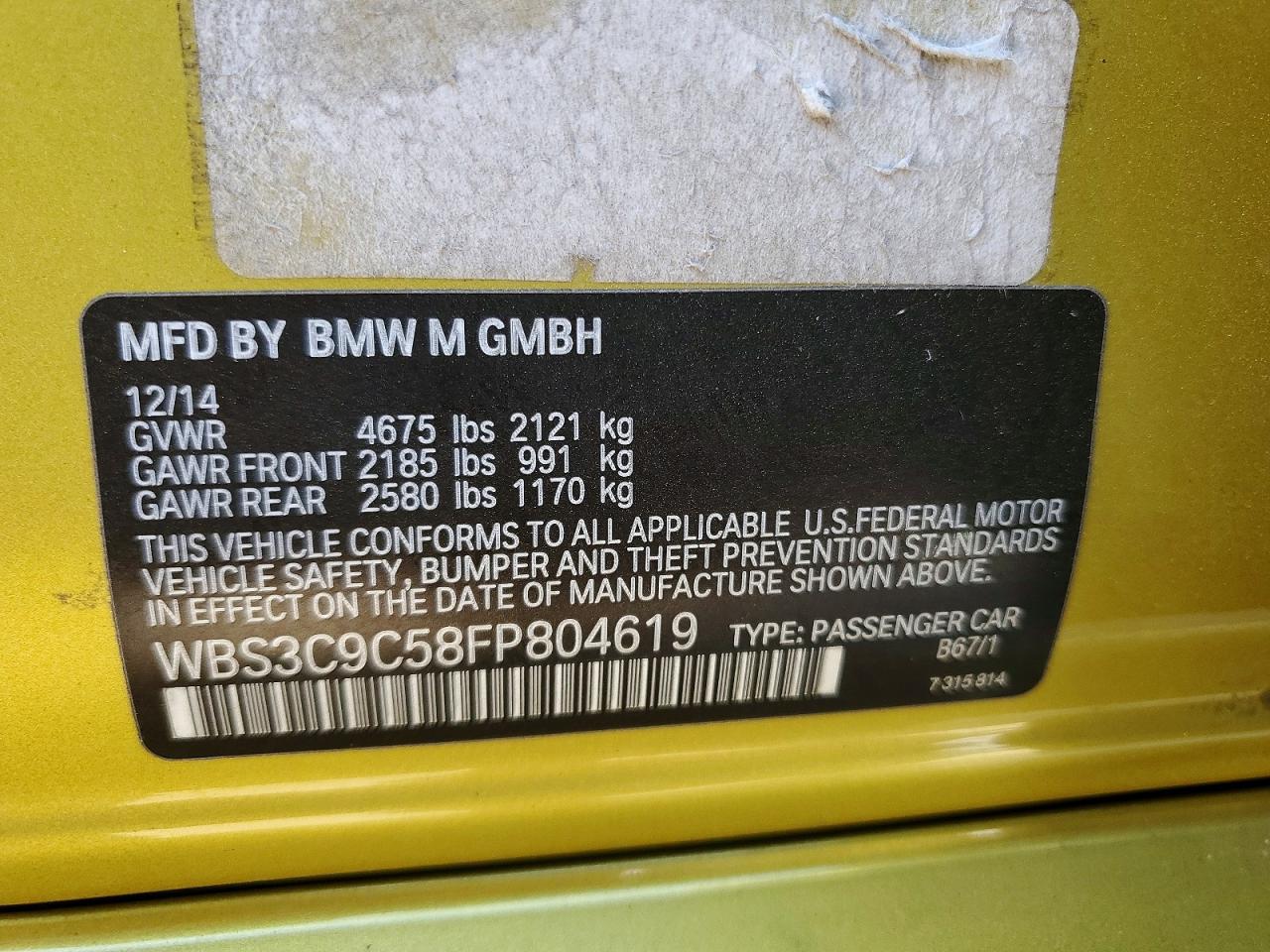 2015 BMW M3 VIN WBS3C9C58FP804619 photo 12