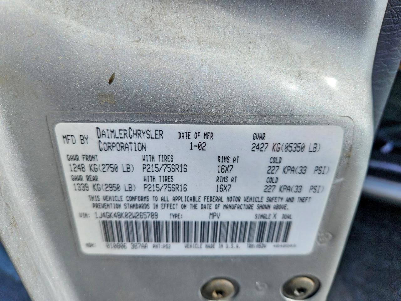 2002 Jeep Liberty VIN 1J4GK48K02W265789 photo 12