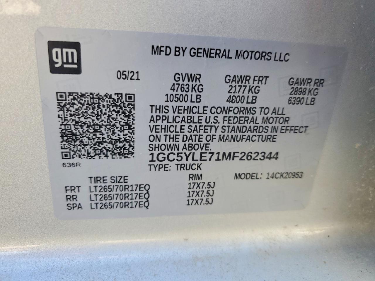2021 CHEVROLET All models VIN 1GC5YLE71MF262344 photo 12