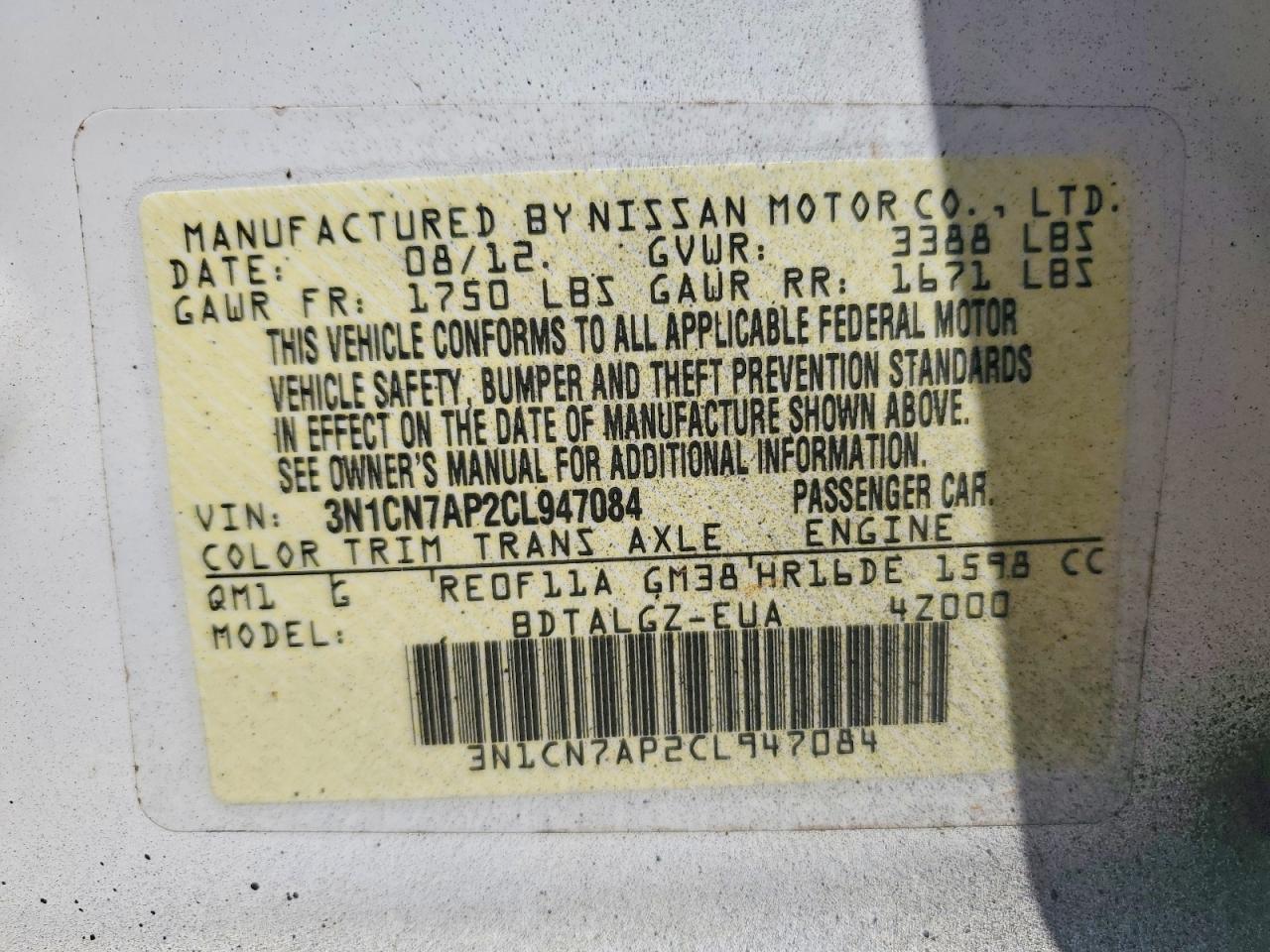 2012 NISS Versa VIN 3N1CN7AP2CL947084 photo 12