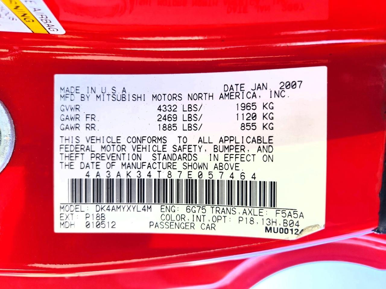 2007 Mitsubishi ECLIPSE VIN 4A3AK34T87E057464 photo 12
